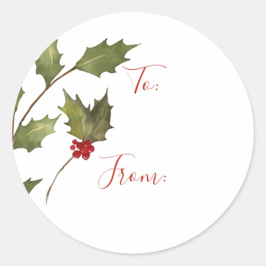 クリスマスウォーターカラーホリーブランチからラベル ラウンドシール (正面)