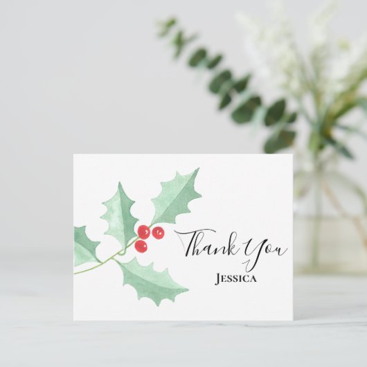 クリスマスウォーターカラーホリーベリーありがとう ポストカード (スタンド正面)