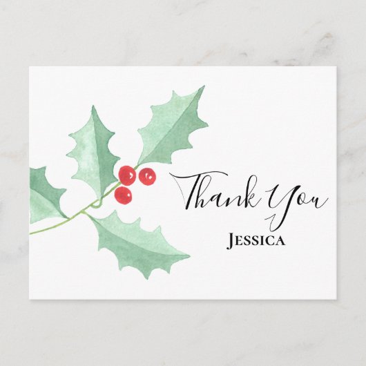 クリスマスウォーターカラーホリーベリーありがとう ポストカード (正面)