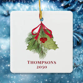 クリスマスウォーターカラーホリーベリーグリーンシンプルリー セラミックオーナメント