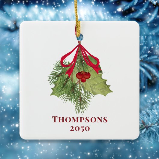 クリスマスウォーターカラーホリーベリーグリーンシンプルリー セラミックオーナメント