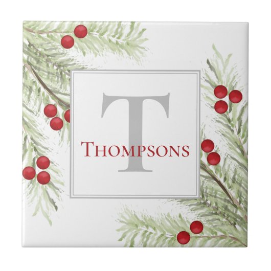 クリスマスウォーターカラーホリーベリーパイングリーン タイル (正面)