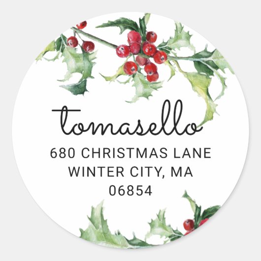クリスマスウォーターカラーホリーベリー差出人住所 ラウンドシール (正面)