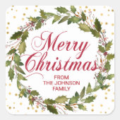 クリスマスウォーターカラーホリーリース金ゴールドレッドホワイト スクエアシール (正面)