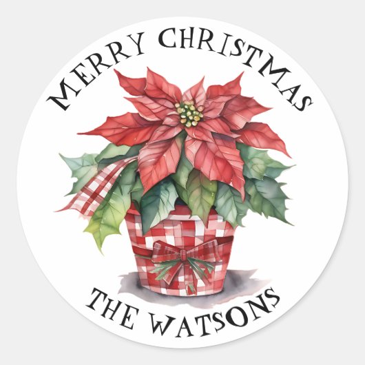 クリスマスウォーターカラーポインセチアパーソナライズされた ラウンドシール (正面)