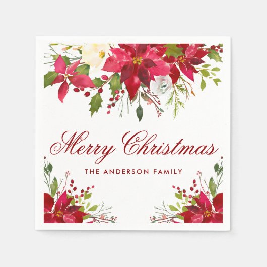 クリスマスウォーターカラーポインセチアフローラ赤い名前 スタンダードカクテルナプキン (正面)