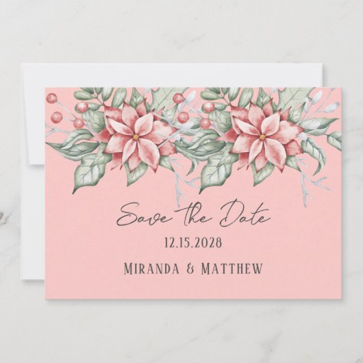 クリスマスウォーターカラーポインセチア日付を保存 招待状 (正面)