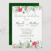 クリスマスウォーターカラーポインセチア結婚リーフ 招待状 (正面/裏面)