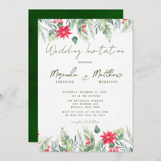 クリスマスウォーターカラーポインセチア結婚リーフ 招待状 (正面/裏面)