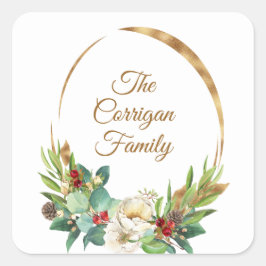 クリスマスウォーターカラーマグノリア&ベリーリース スクエアシール