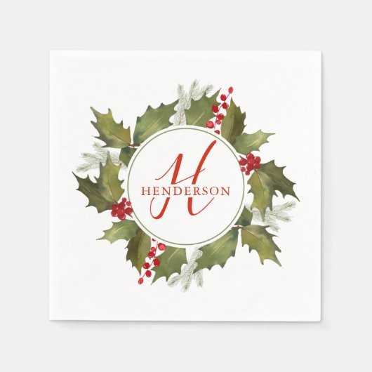 クリスマスウォーターカラーモノグラムスクリプトホリーリース スタンダードカクテルナプキン (正面)