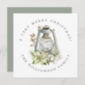 クリスマスウォーターカラーランタンホワイトポインセッタ シーズンカード (正面/裏面)