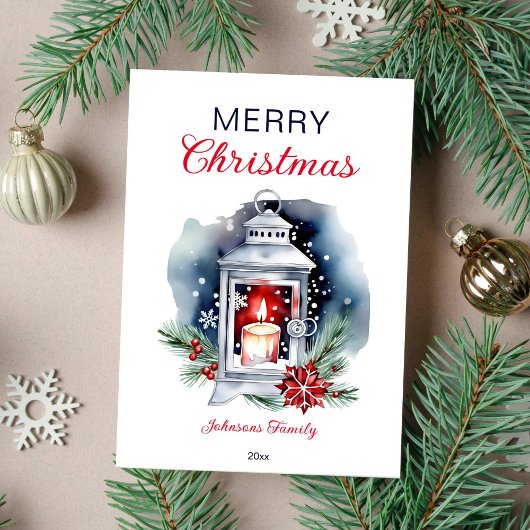 クリスマスウォーターカラーランタンポインセチア シーズンカード