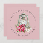 クリスマスウォーターカラーランタンレッドポインセッタ シーズンカード (正面/裏面)