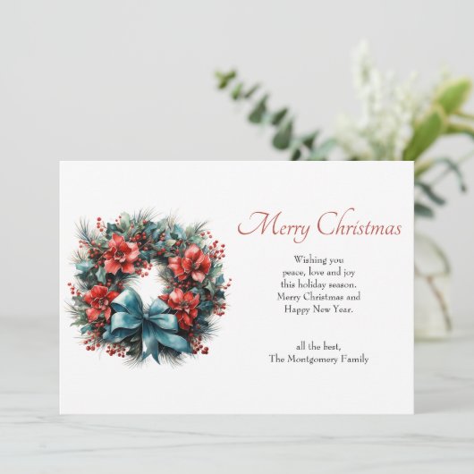 クリスマスウォーターカラーリースとホリー シーズンカード (スタンド正面)