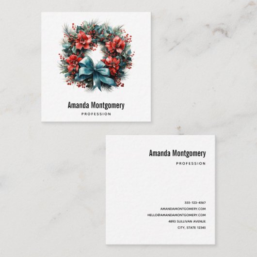 クリスマスウォーターカラーリースとホリー スクエア名刺 (正面/裏面)