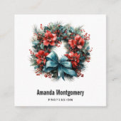 クリスマスウォーターカラーリースとホリー スクエア名刺 (正面)