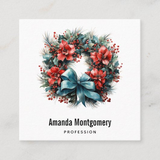 クリスマスウォーターカラーリースとホリー スクエア名刺 (正面)