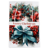 クリスマスウォーターカラーリースとホリー ミディアムペーパーバッグ (正面)