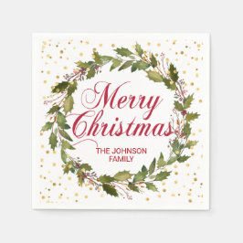 クリスマスウォーターカラーリースホリー金ゴールド スタンダードカクテルナプキン