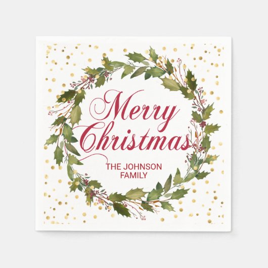 クリスマスウォーターカラーリースホリー金ゴールド スタンダードカクテルナプキン (正面)