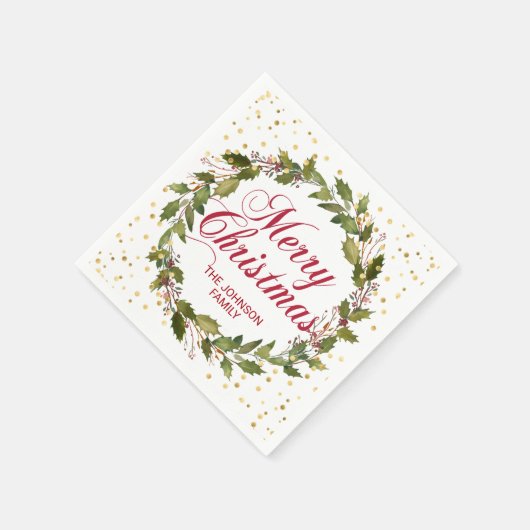 クリスマスウォーターカラーリースホリー金ゴールド スタンダードカクテルナプキン (角)
