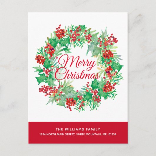 クリスマスウォーターカラーリースムービング シーズンポストカード (正面)