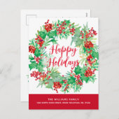 クリスマスウォーターカラーリースレッドスクリプトムービング シーズンポストカード (正面/裏面)