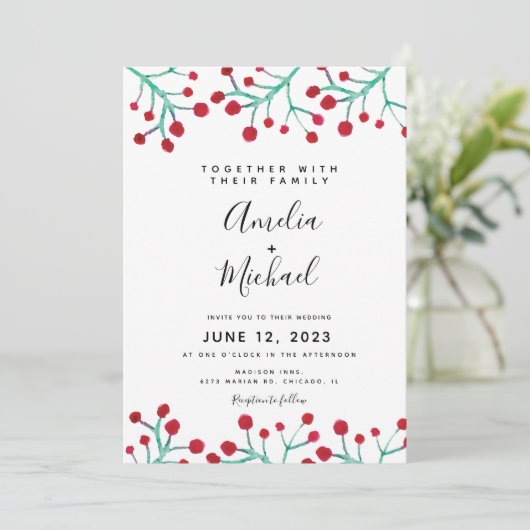 クリスマスウォーターカラーレッドベリーボタニカル結婚ズ 招待状 (スタンド正面)