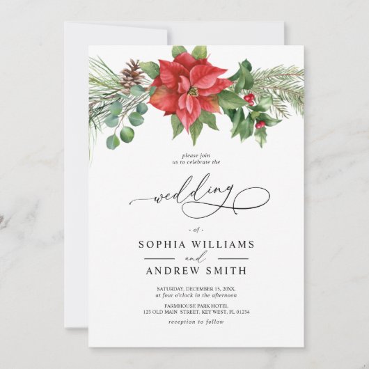クリスマスウォーターカラーレッドベリー結婚ズ 招待状 (正面)