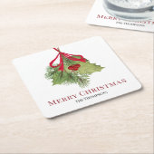 クリスマスウォーターカラーレッドホリーベリーシンプルズ スクエアペーパーコースター (アングル)
