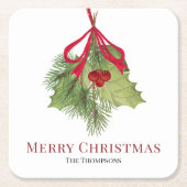 クリスマスウォーターカラーレッドホリーベリーシンプルズ スクエアペーパーコースター (正面)