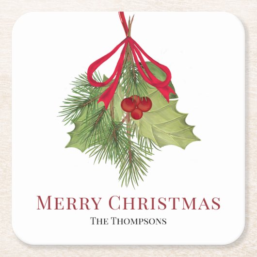 クリスマスウォーターカラーレッドホリーベリーシンプルズ スクエアペーパーコースター (正面)