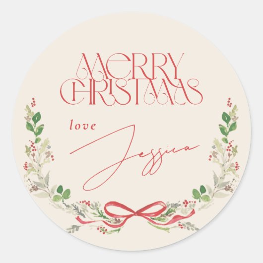 クリスマスウォーターカラーレッドボウズ伝統的ヴィンテージ ラウンドシール (正面)