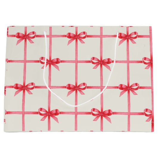 クリスマスウォーターカラーレッドボウズ&プレイド ラージペーパーバッグ (正面)