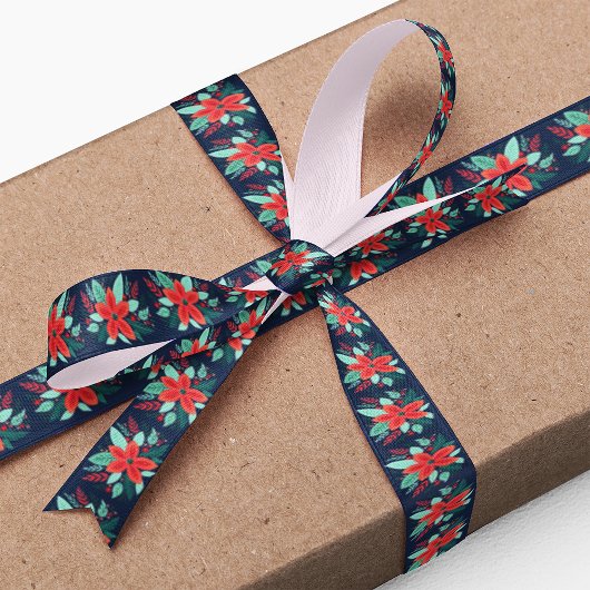 クリスマスウォーターカラーレッドボタニカルブルーホリデー サテンリボン