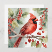 クリスマスウォーターカラーレッド(鳥)ショウジョウコウカンチョウとベリー シーズンカード (正面/裏面)