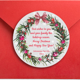 クリスマスウォーターカラーヴィンテージリース雪片 ラウンドシール