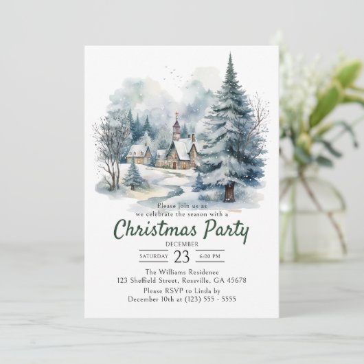 クリスマスウォーターカラーヴィンテージ雪パーティー 招待状 (スタンド正面)