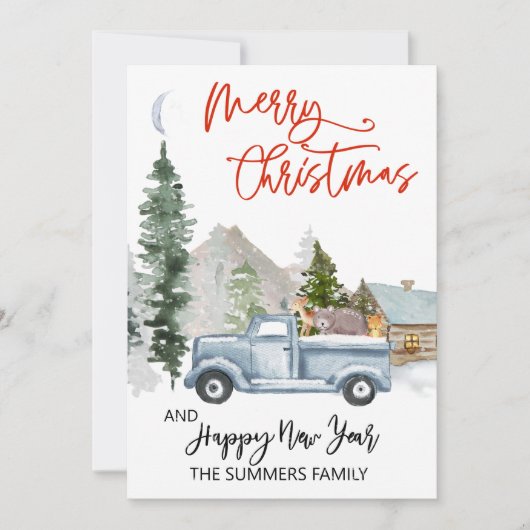 クリスマスウォーターカラー冬のヴィンテージトラックウッドランド シーズンカード (正面)