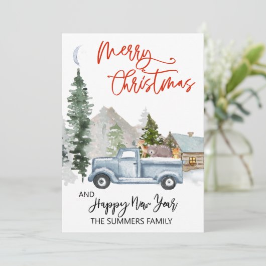 クリスマスウォーターカラー冬のヴィンテージトラックウッドランド シーズンカード (スタンド正面)