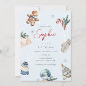 クリスマスウォーターカラー冬の最初の誕生日パーティー 招待状 (正面)