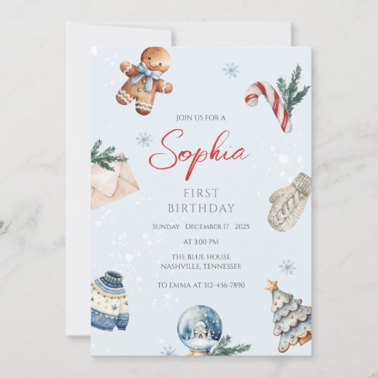 クリスマスウォーターカラー冬の最初の誕生日パーティー 招待状 (正面)