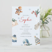 クリスマスウォーターカラー冬の最初の誕生日パーティー 招待状 (スタンド正面)