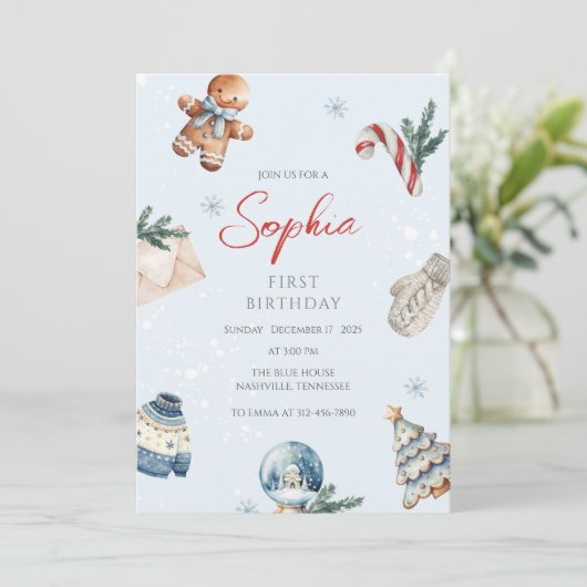 クリスマスウォーターカラー冬の最初の誕生日パーティー 招待状 (スタンド正面)
