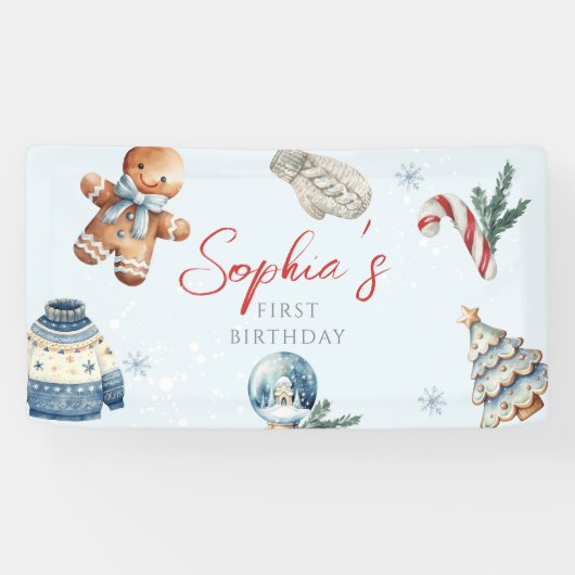 クリスマスウォーターカラー冬の最初の誕生日パーティー 横断幕 (横)