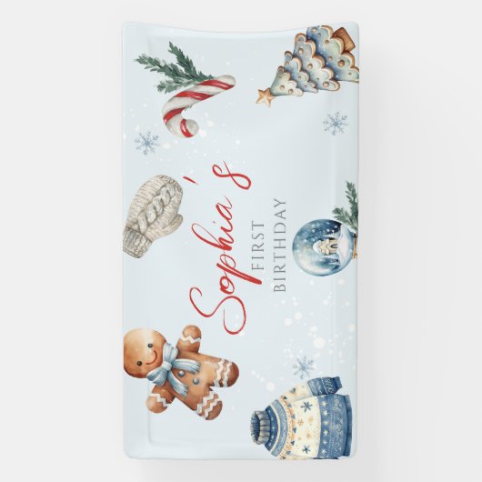 クリスマスウォーターカラー冬の最初の誕生日パーティー 横断幕 (縦)