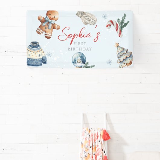 クリスマスウォーターカラー冬の最初の誕生日パーティー 横断幕 (インサイチュ)