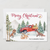 クリスマスウォーターカラー冬キツネファミリーレッドトラック シーズンカード (正面)