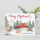 クリスマスウォーターカラー冬キツネファミリーレッドトラック シーズンカード (スタンド正面)